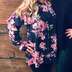 Navy floral print cut out shoulders Blouse size S